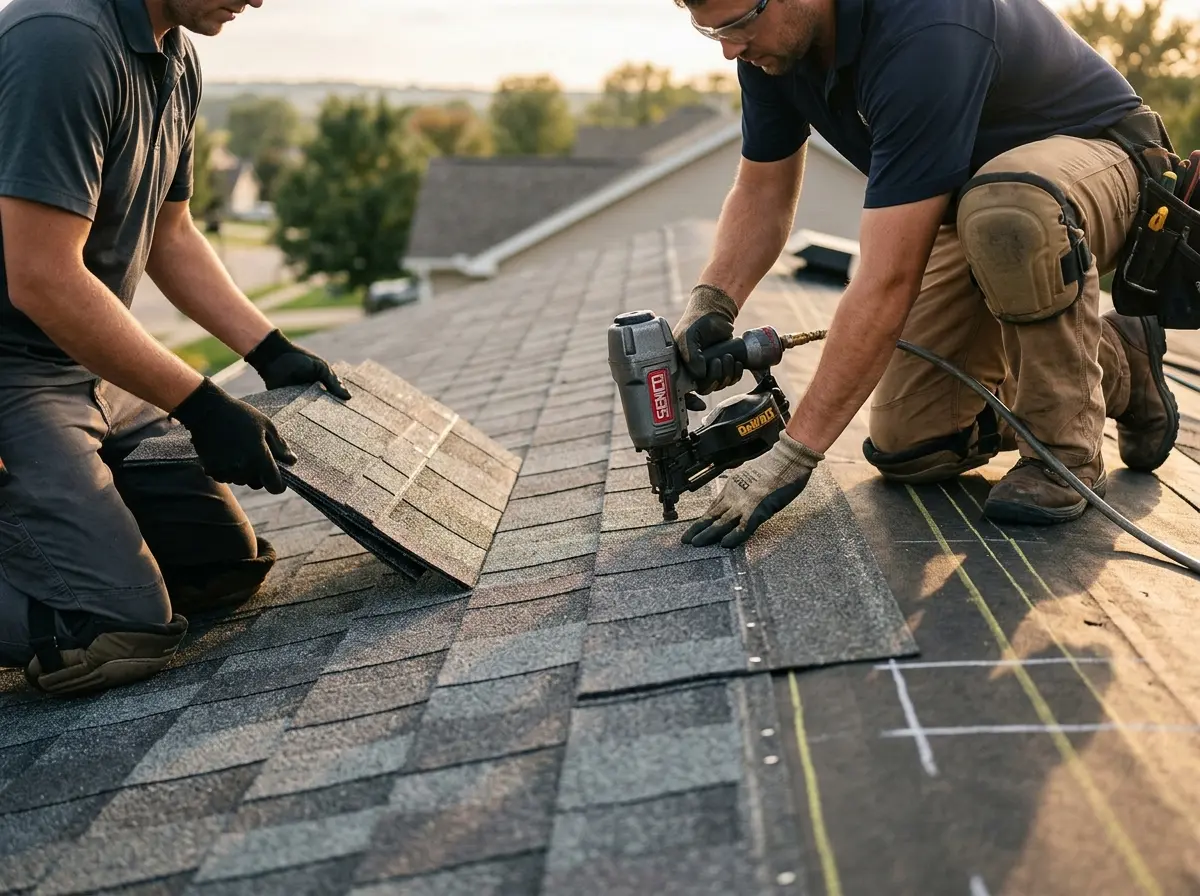 Professional roofer working on a residential roof in Bushkill